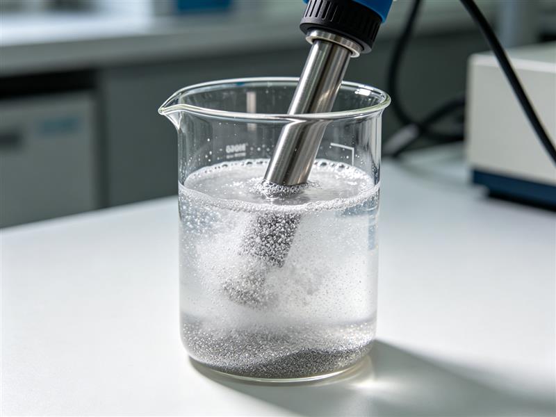 Ультразвуковая диспергация алмазного микропорошка в водной суспензии, гомогенизатор с зондом в стакане, предотвращение агрегации